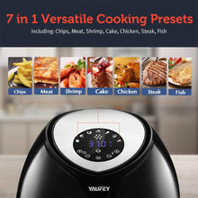 Load image into Gallery viewer, Yaufey 6 Quart Air Fryer, Large Family Size Electric Hot Air Fryer XL Oven Oilless Cooker with 7 Presets, LCD Digital Touch Screen and Nonstick Detachable Basket, 1700W (Black)
