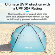 Load image into Gallery viewer, Yaufey Premium Beach Tent Easy Setup – Portable 3-4 Person Beach Shade Tent Sun Shelter with UPF 50+ Rated Sun Protection & Extended Porch - Beach Tents Sun Shelter Beach Essentials