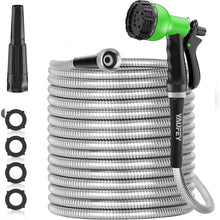 Load image into Gallery viewer, Yaufey 50ft 304 Stainless Steel Metal Garden Hose, Heavy Duty Water Hoses with 2 Nozzles for Yard, Outdoor - Flexible, Never Kink & Tangle, Puncture Resistant