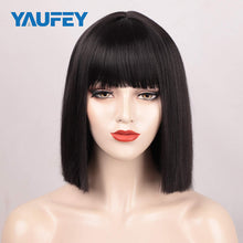 Load image into Gallery viewer, Yaufey Black Bob Wig with Bangs, Short Black Wig for Women Straight Bob Wigs Heat Resistant Synthetic wig Cospaly Daily Party Cosplay Use 12”